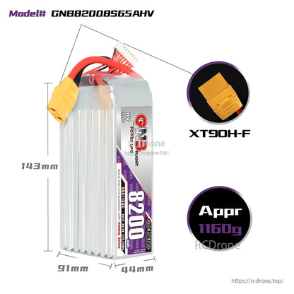 GNB8200 8S LiHV battery dimensions 143×91×44mm with XT90H-F connector and approx 1160g weight