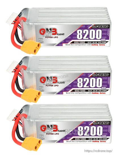 Three GAONENG GNB 8200mAh LiHV batteries displayed horizontally with XT90 connectors