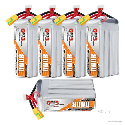 Four upright GNB 9000mAh packs plus one battery shown lying flat, all with XT90S connectors