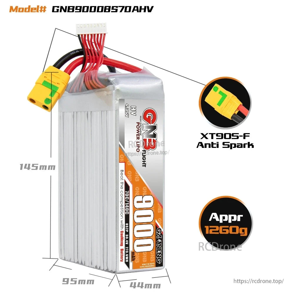 GNB90008S70AHV battery size diagram showing 145×95×44 mm, XT90S-F anti-spark, approx 1260 g