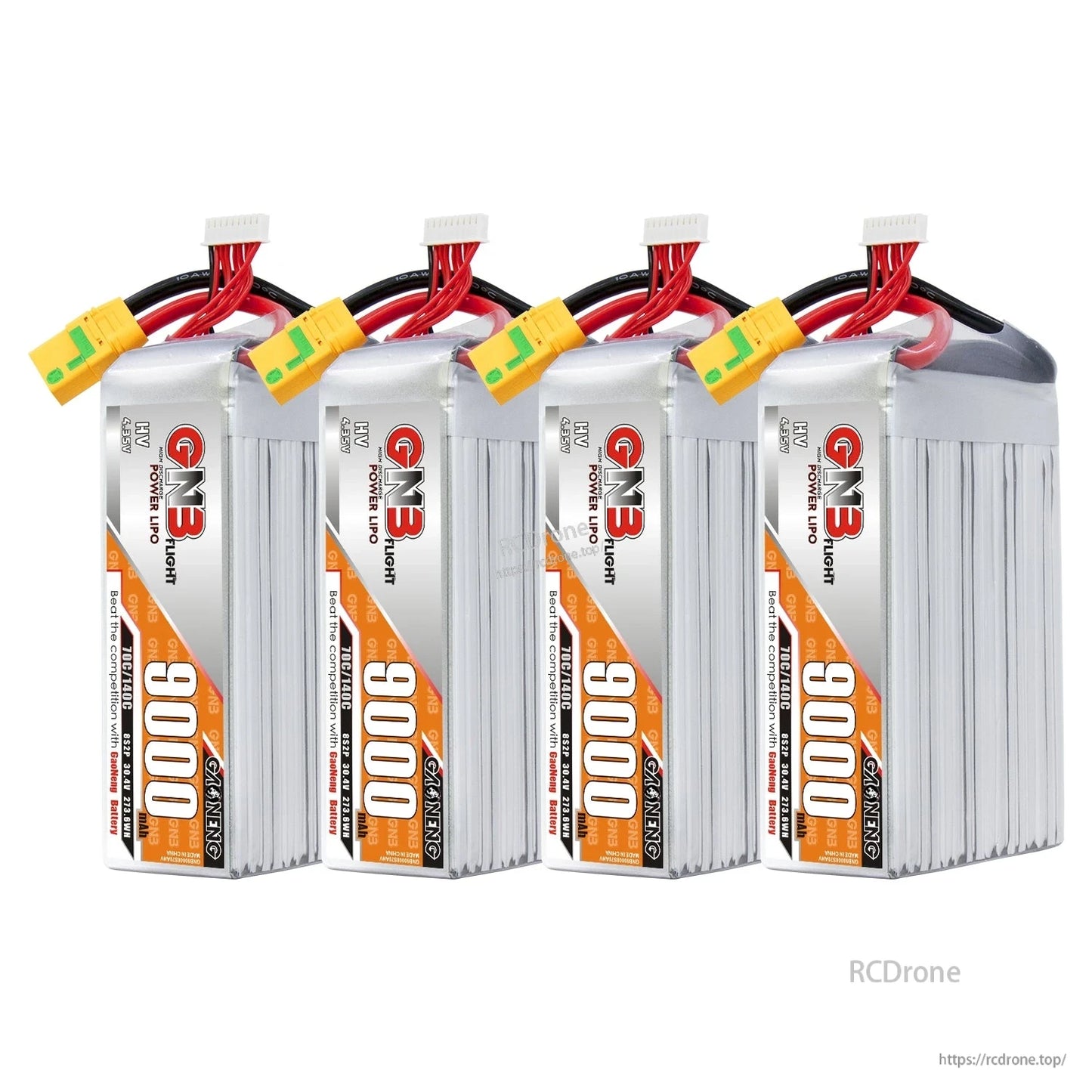 Four GNB 9000mAh HV LiPo packs standing upright side-by-side with XT90S connectors on top