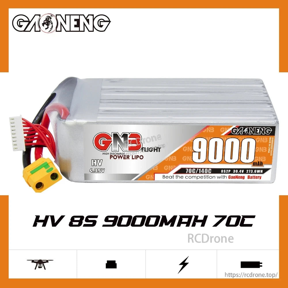 Side view of GAONENG GNB HV 8S 9000mAh 70C LiHV LiPo battery label with XT90S lead