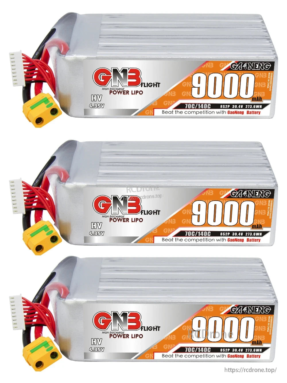 Three GNB 9000mAh HV LiPo batteries stacked horizontally, label side visible with XT90S leads