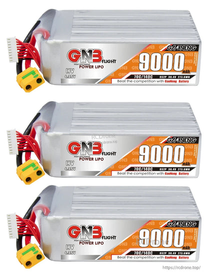 Three GNB 9000mAh HV LiPo batteries stacked horizontally, label side visible with XT90S leads