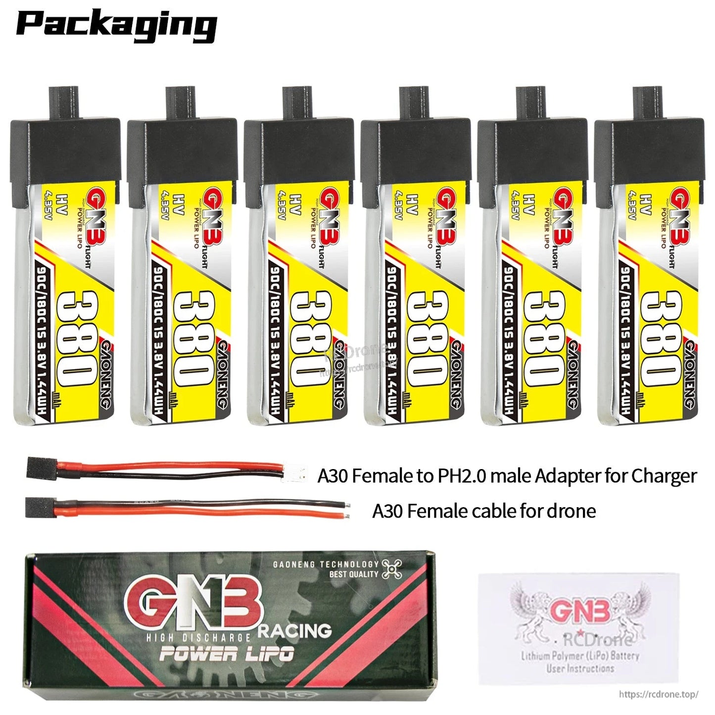 Packaging set: six batteries plus A30 female to PH2.0 adapter cable, A30 lead, box and manual