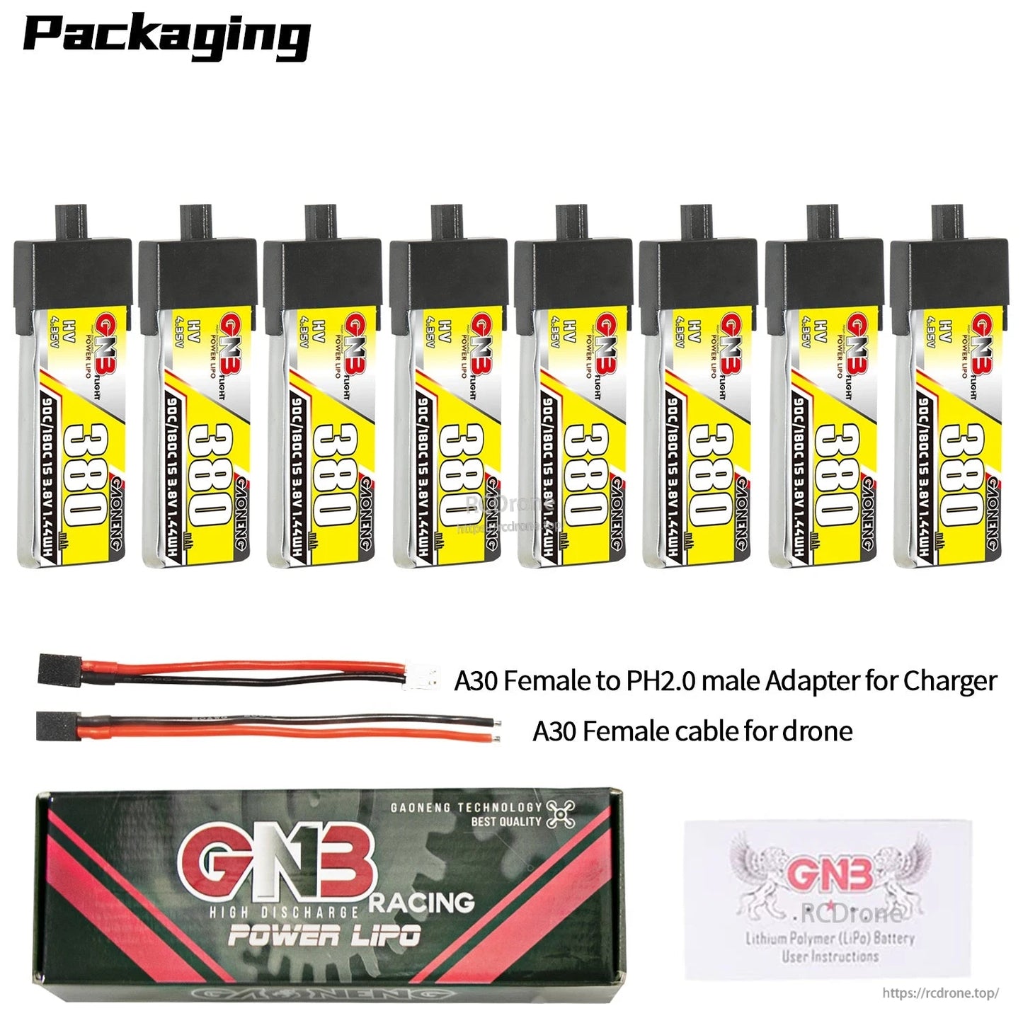 Packaging set: eight batteries plus A30 to PH2.0 charger adapter, A30 cable, box and manual