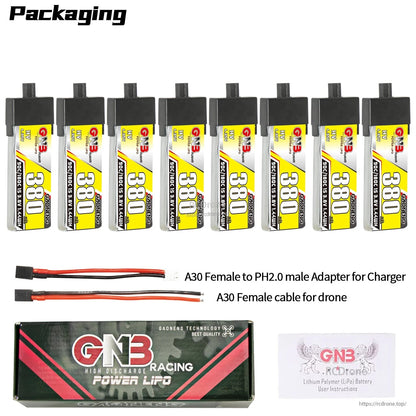 Packaging set: eight batteries plus A30 to PH2.0 charger adapter, A30 cable, box and manual