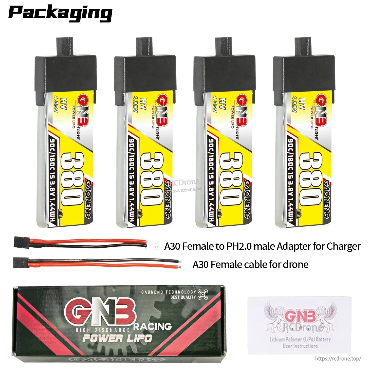 Packaging contents: four GNB 380mAh LiHV batteries, A30 adapter cable, A30 lead, box and manual