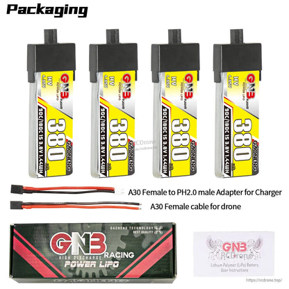 Packaging contents: four GNB 380mAh LiHV batteries, A30 adapter cable, A30 lead, box and manual