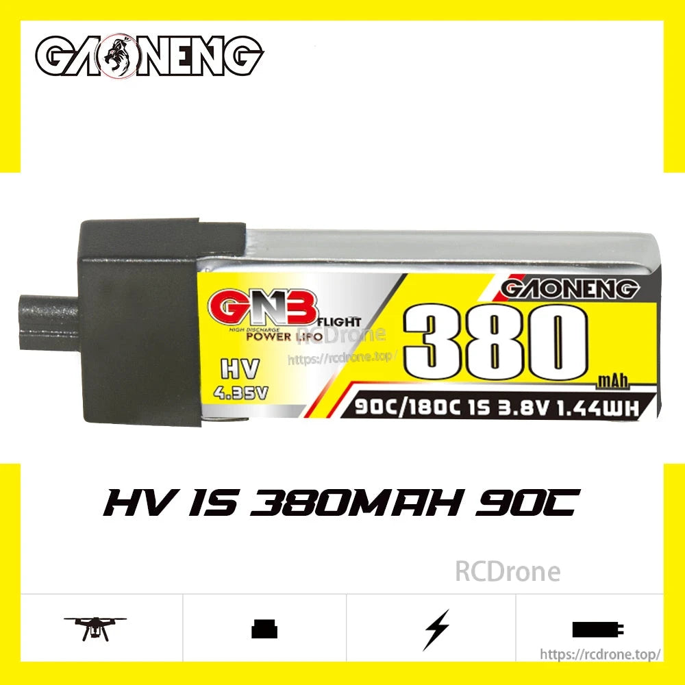 Side profile of GNB 380mAh LiHV 1S battery showing label and A30 connector end