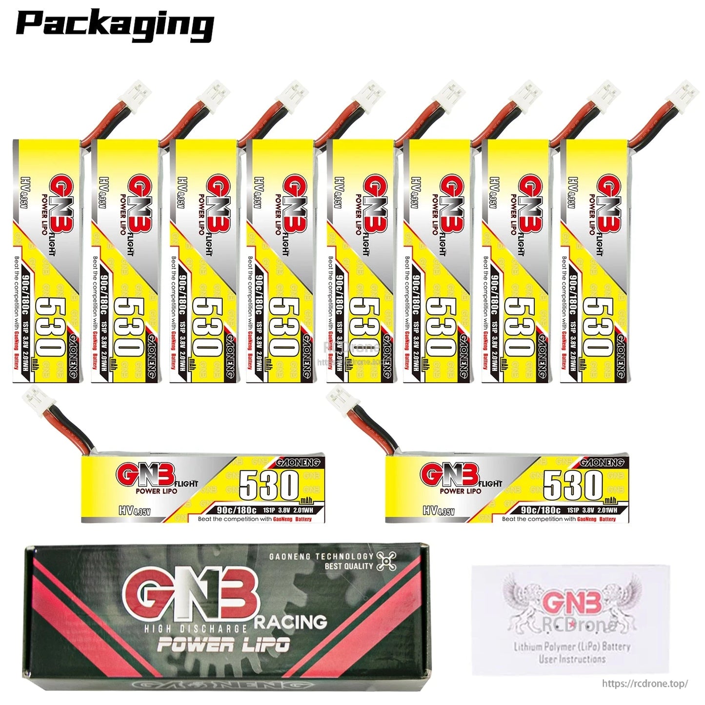 Packaging contents showing 10 GNB 530 batteries plus two horizontal batteries, retail box, and instructions card