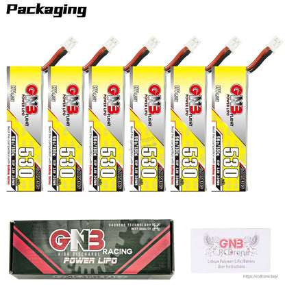 Packaging contents showing 6 GNB 530 batteries with GNB Racing Power LiPo box and user instructions card