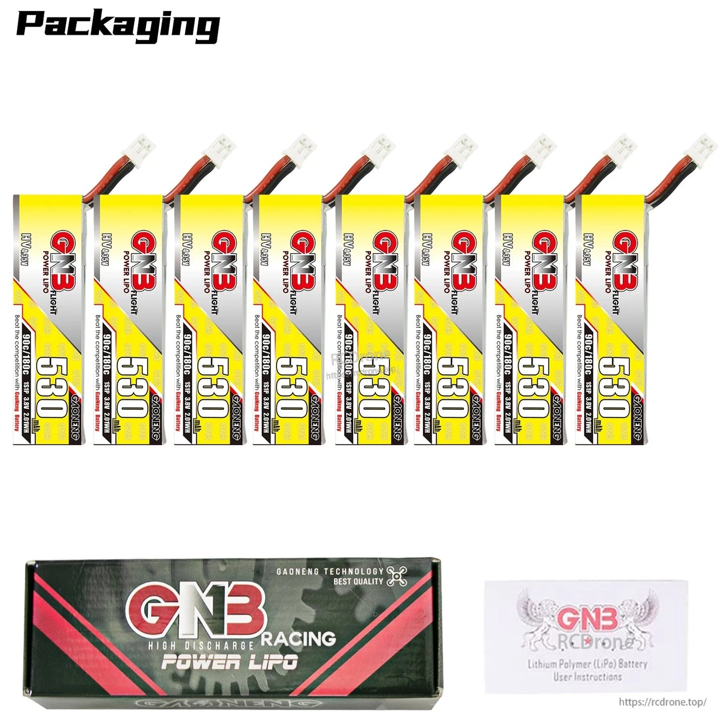 Packaging contents showing 8 GNB 530 batteries with GNB Racing Power LiPo box and user instructions card
