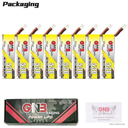 Packaging contents showing 8 GNB 530 batteries with GNB Racing Power LiPo box and user instructions card