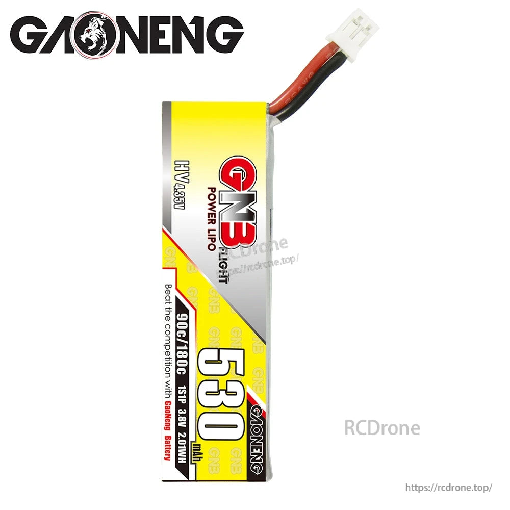 Front view of GAONENG GNB 530mAh LiHV 1S battery with red/black leads and PH2.0 plug