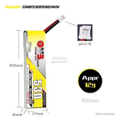 GNB5301S90AHV battery size diagram with PH2.0 connector close-up and approx 12g weight callout