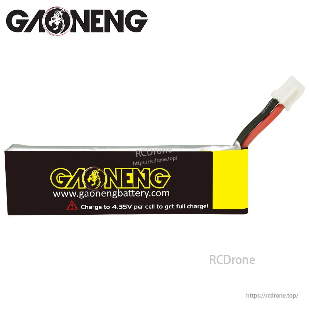 Rear label view showing GAONENG website and charge warning: charge to 4.35V per cell for full charge