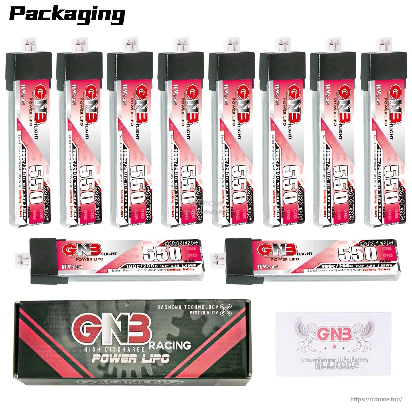 Packaging set showing multiple GNB 550mAh 1S LiHV batteries, two laid flat plus box and manual card