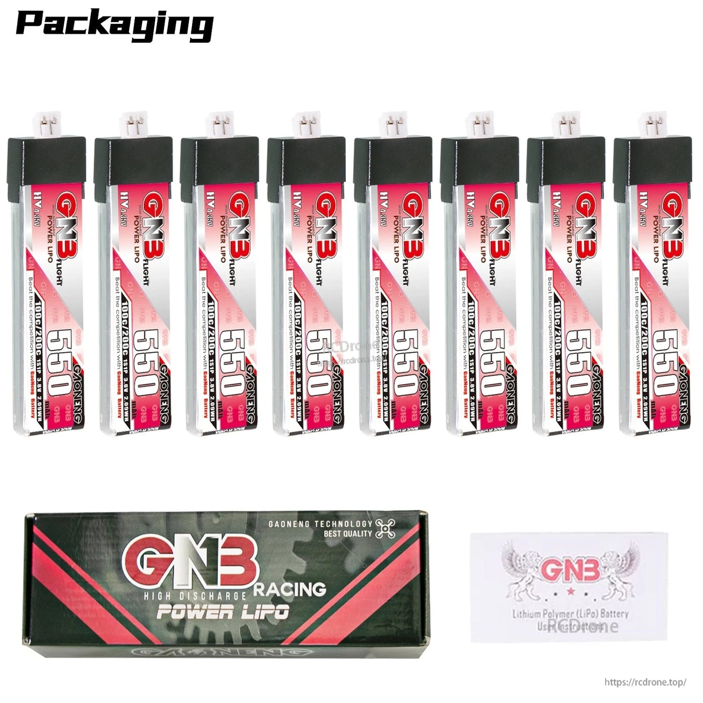 Packaging contents: 8x GNB 550mAh 1S LiHV batteries with retail box and instructions card
