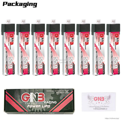 Packaging contents: 8x GNB 550mAh 1S LiHV batteries with retail box and instructions card