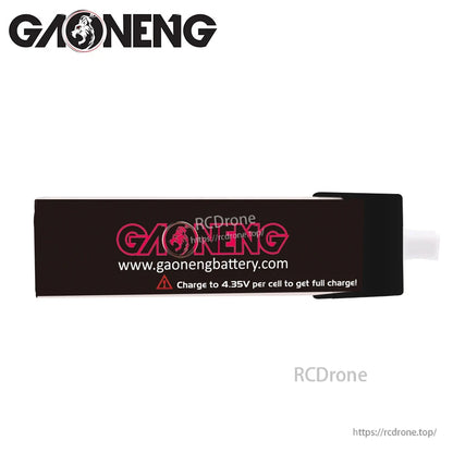 Rear side label on GAONENG battery sleeve with charge warning: charge to 4.35V per cell