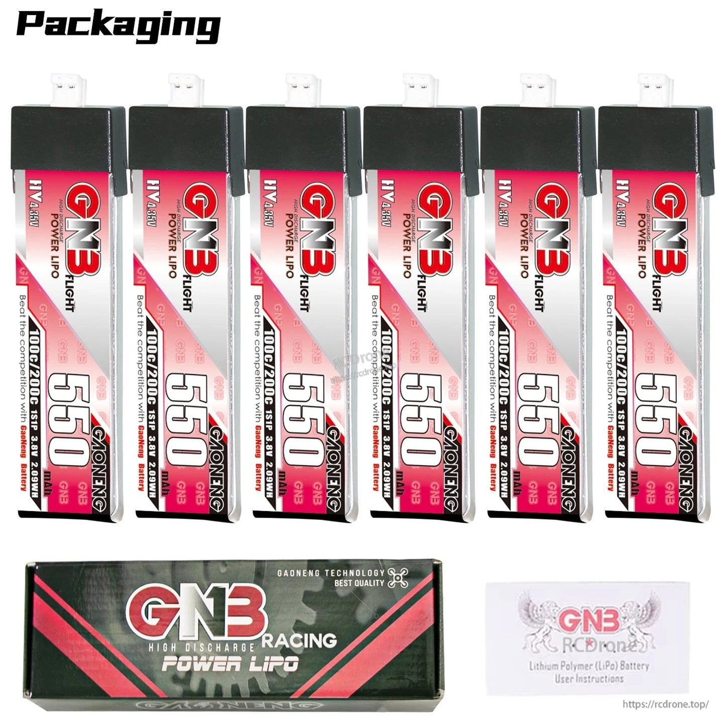 Packaging contents: 6x GNB 550mAh 1S LiHV batteries with GNB Racing Power LiPo box and manual