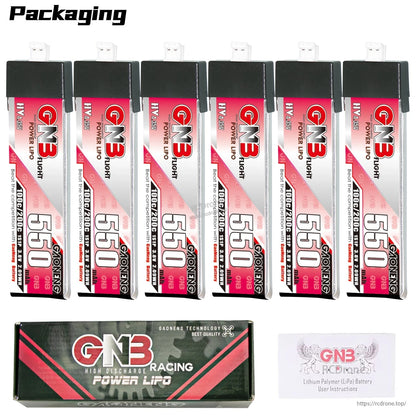 Packaging contents: 6x GNB 550mAh 1S LiHV batteries with GNB Racing Power LiPo box and manual