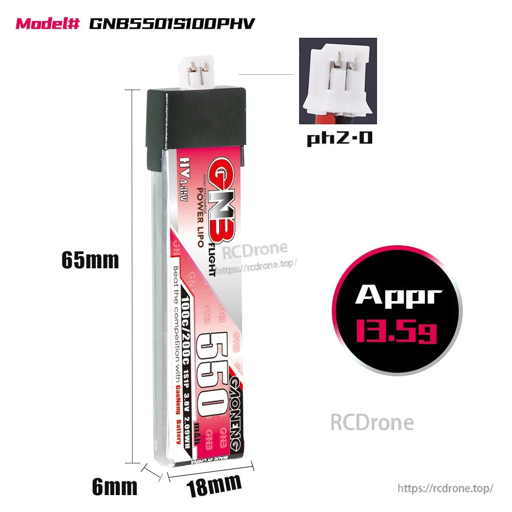 Battery dimensions diagram: GNB550 1S LiHV with PH2.0 plug, 65mm length, approx 13.5g weight