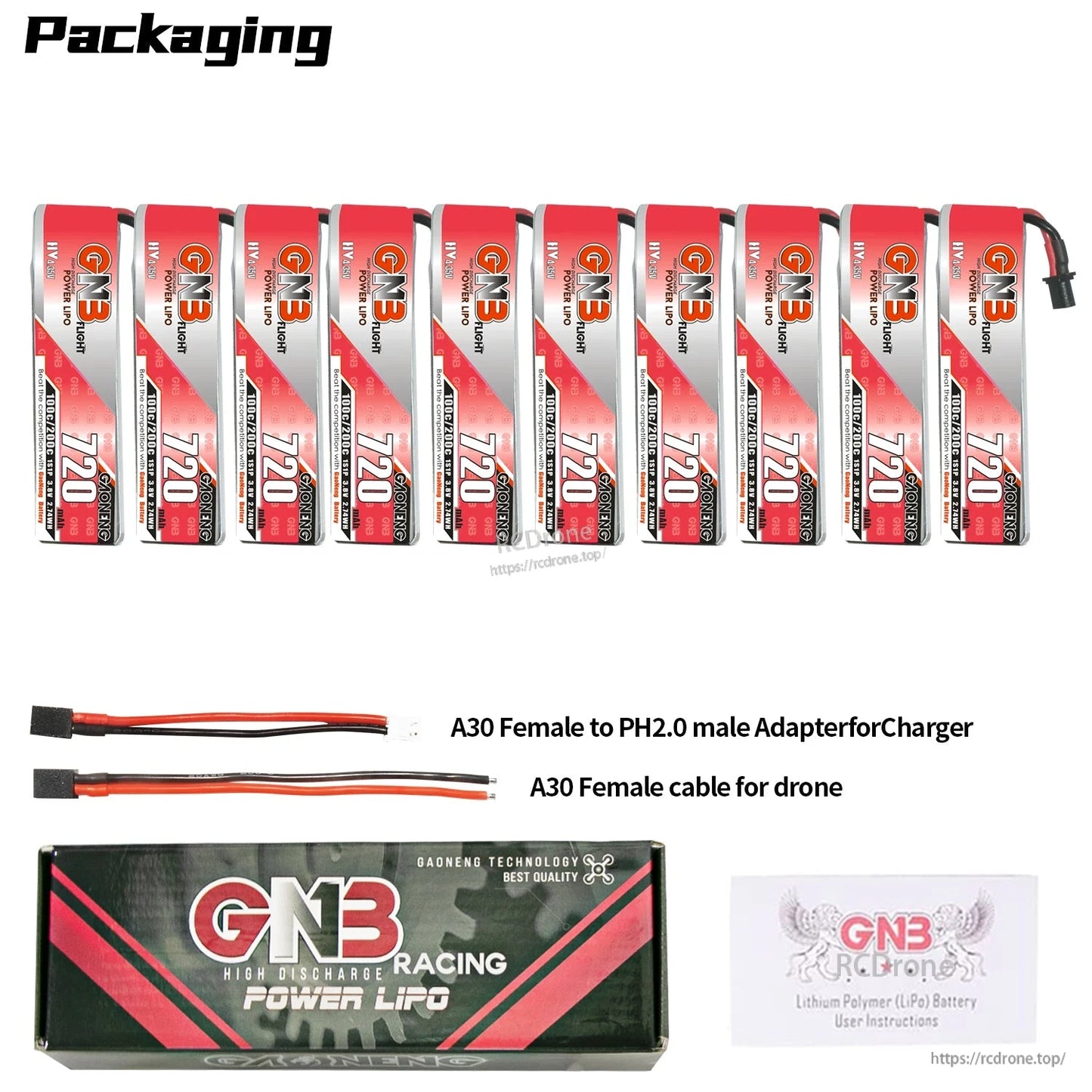 Packaging contents for 10x GNB 720 batteries with A30 cable and A30 to PH2.0 adapter