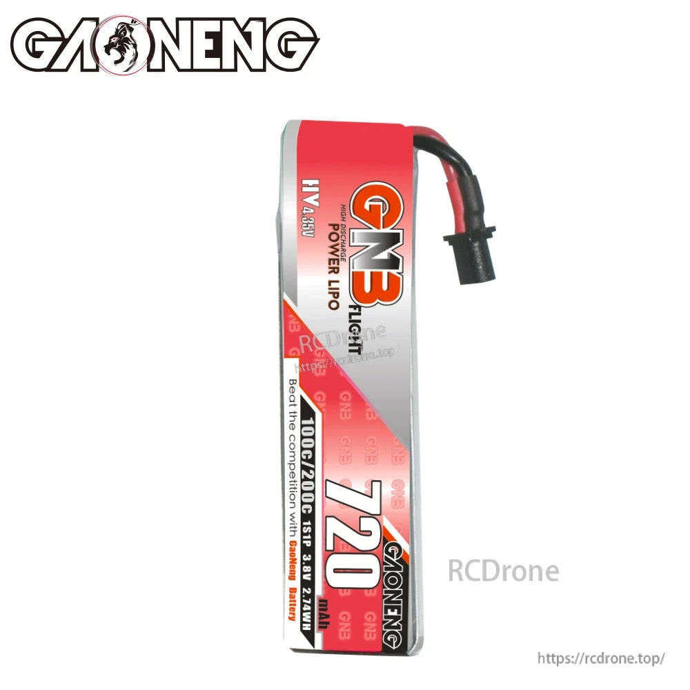 Single GNB 720mAh LiHV battery front view with A30 cabled lead on white background