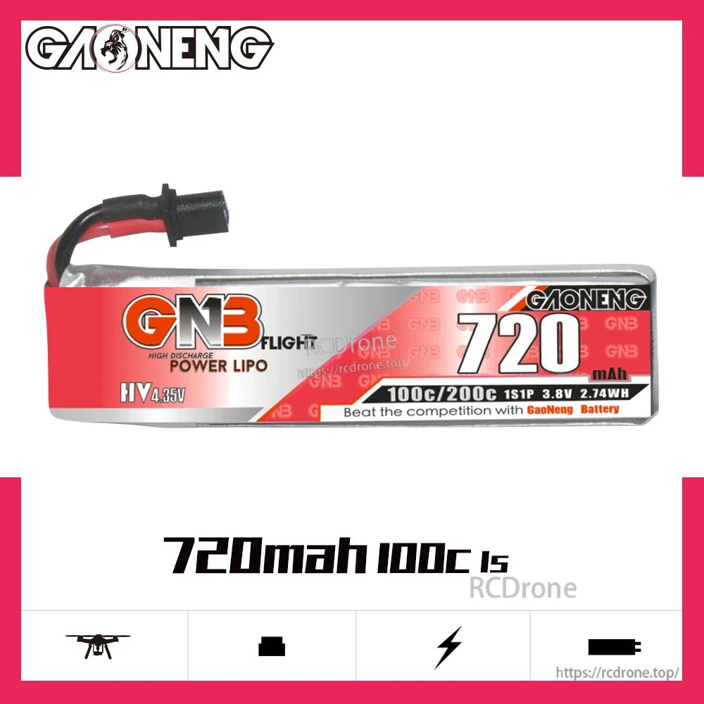 GNB 720mAh 100C 1S LiHV battery label view with A30 lead, GAONENG branding visible