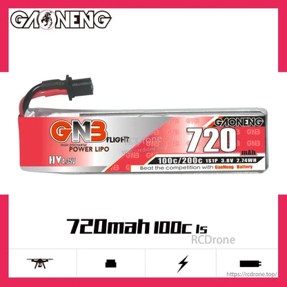 GNB 720mAh 100C 1S LiHV battery label view with A30 lead, GAONENG branding visible