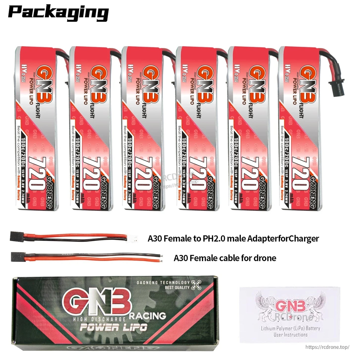 Packaging contents for 6x GNB 720 batteries with A30 to PH2.0 charger adapter and box