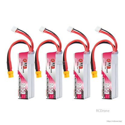 Four GNB 1450mAh LiHV 2S batteries lineup with XT30 plugs and balance leads