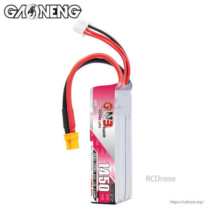 Upright side view of GNB 1450 LiHV battery showing wrap design, XT30 plug and balance lead