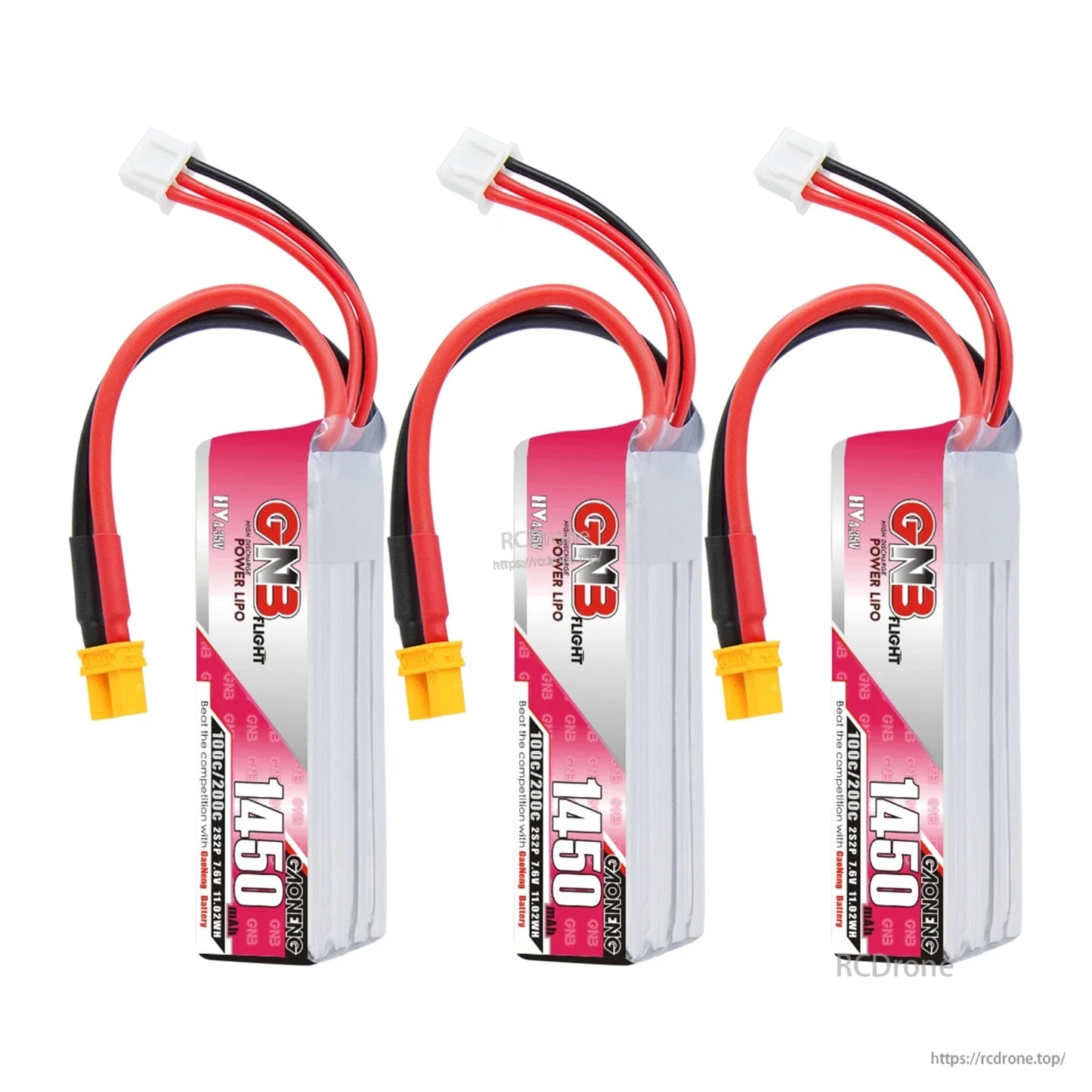 Three GNB 1450mAh LiHV 2S batteries shown together with XT30 connectors