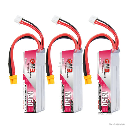 Three GNB 1450mAh LiHV 2S batteries shown together with XT30 connectors