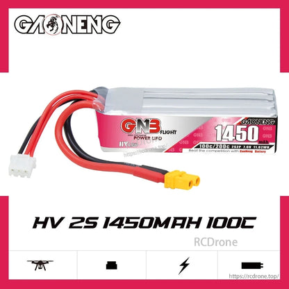 GAONENG GNB HV 2S 1450mAh 100C battery label and wire leads on white background
