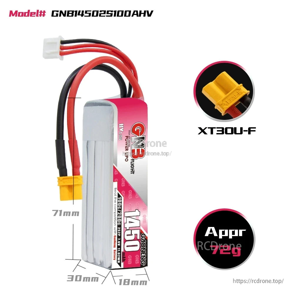 Battery dimensions chart (71 x 30 x 18mm) with XT30U-F connector and approx. 72g weight