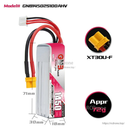 Battery dimensions chart (71 x 30 x 18mm) with XT30U-F connector and approx. 72g weight