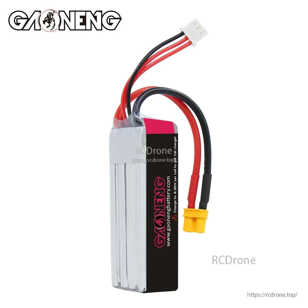 Rear/black label side view of GAONENG GNB battery with XT30 plug and balance lead