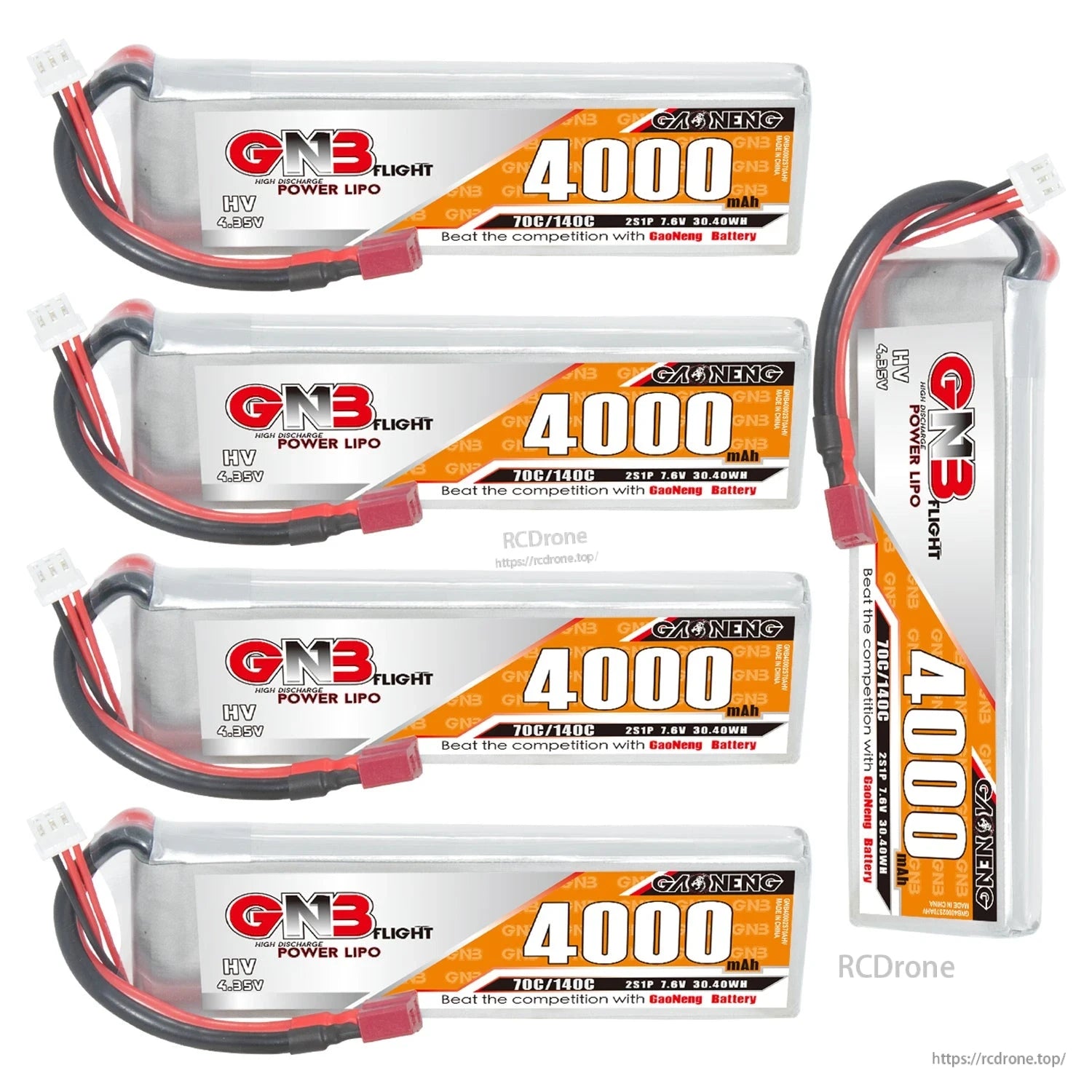 Five GAONENG GNB 4000mAh LiHV batteries shown in mixed horizontal and vertical orientations