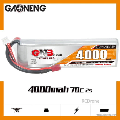 GAONENG GNB LiHV 2S 7.6V 4000mAh 70C LiPo Battery straight side view with full label visible