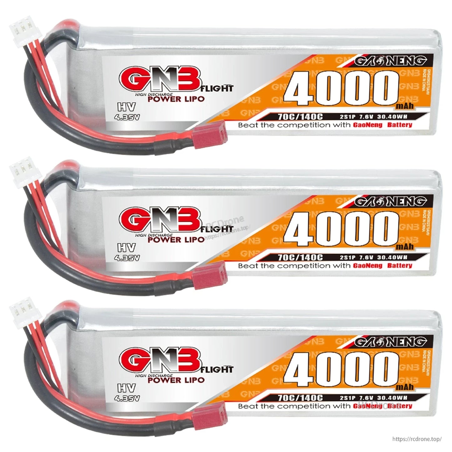 Three 4000mAh 2S LiHV LiPo batteries displayed horizontally with labels facing forward