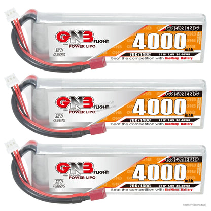 Three 4000mAh 2S LiHV LiPo batteries displayed horizontally with labels facing forward