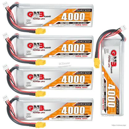 Five-battery group display showing four horizontal packs and one upright 4000mAh LiHV battery