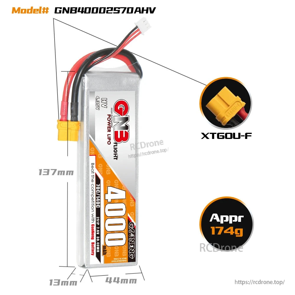 Battery dimensions and weight graphic showing XT60U-F connector, 137 x 44 x 13 mm, approx 174 g