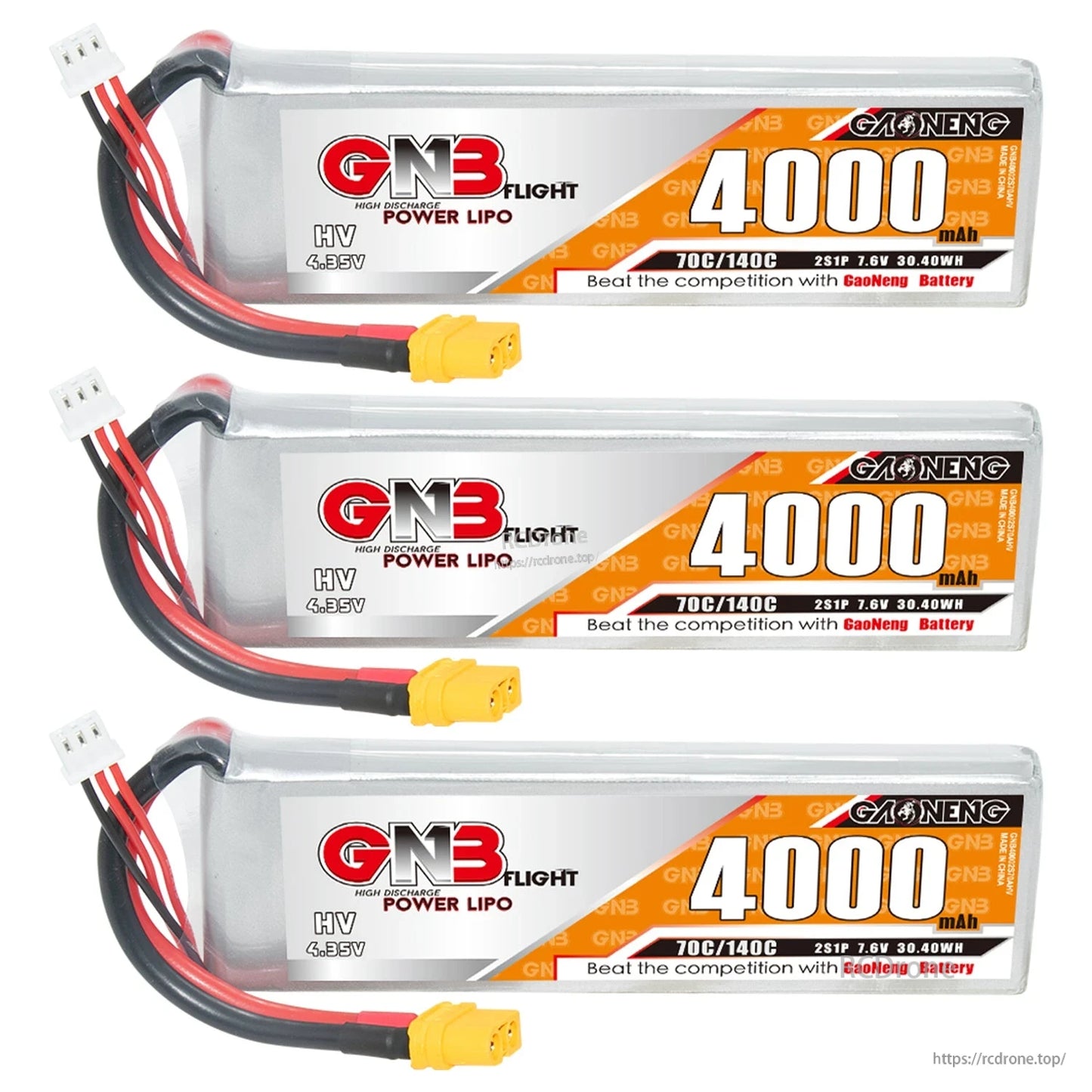 Three-pack view of 4000mAh 2S LiHV batteries with front labels, XT60 plugs, and balance leads