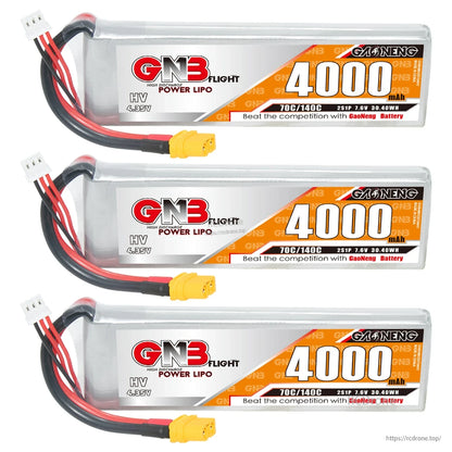 Three-pack view of 4000mAh 2S LiHV batteries with front labels, XT60 plugs, and balance leads