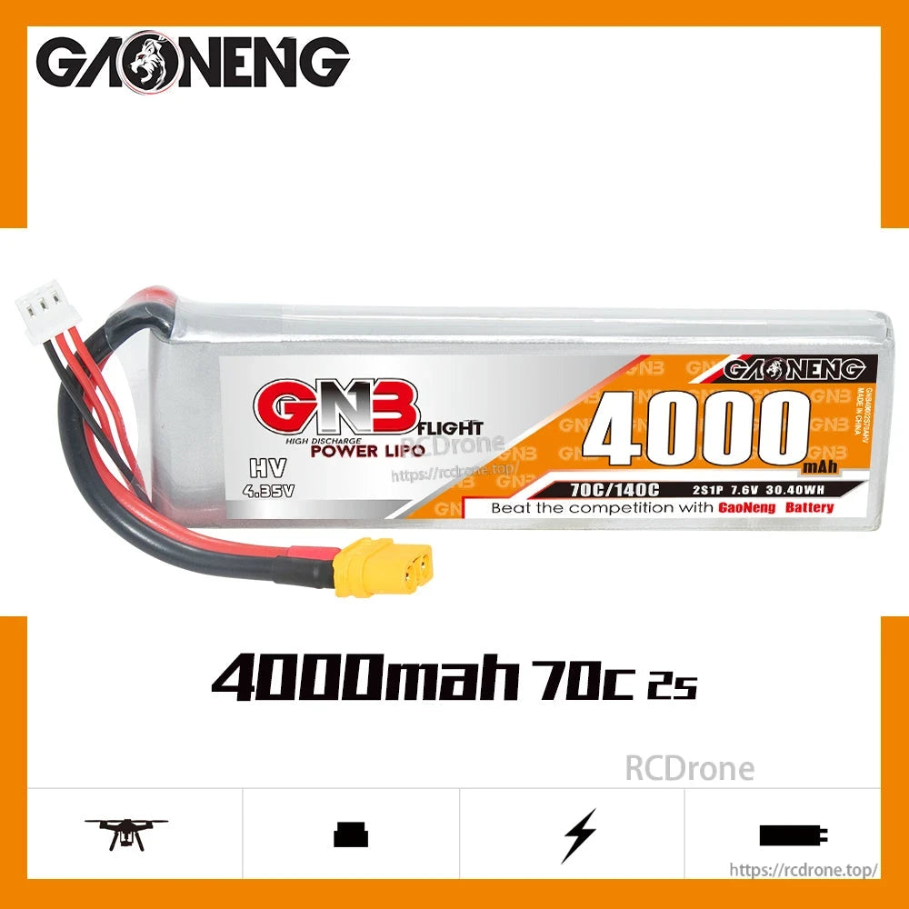GAONENG GNB LiHV 2S 7.6V 4000mAh 70C LiPo Battery side profile with label and leads extended